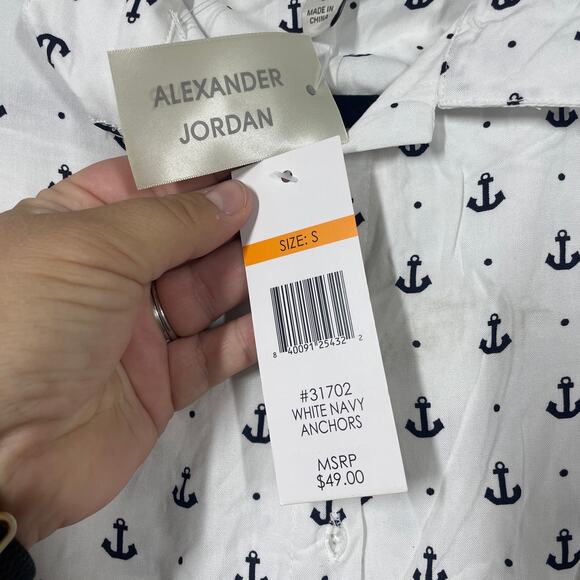 Alexander Jordan Womens Small Anchor Print Shirt White Navy Rayon Short Sleeves - Picture 6 of 7